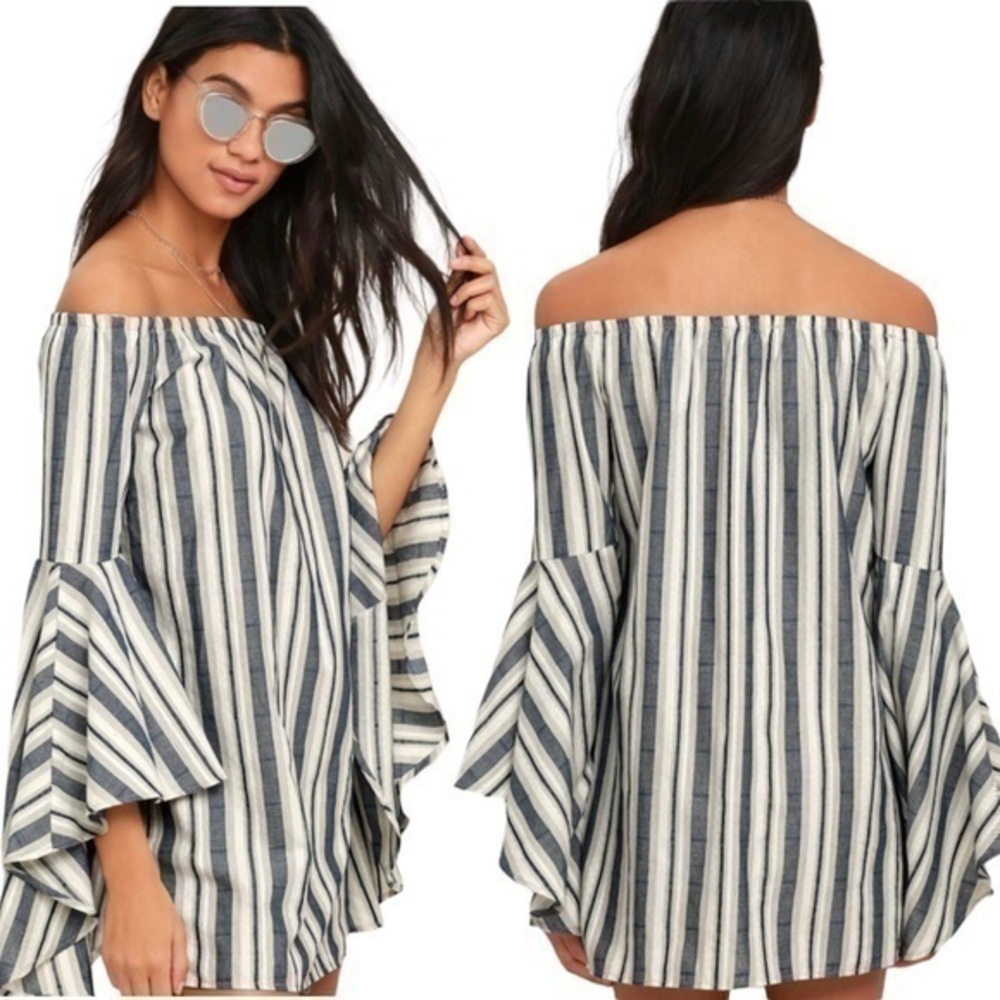 Lulu’s Along the Tides Navy Blue Striped Off Shoulder Mini Dress Bell Sleeve S
